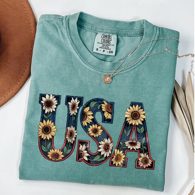Comfort Colors Floral USA Shirt, Vintage 4th Of July T-Shirt, Patriotic American Girl Tee