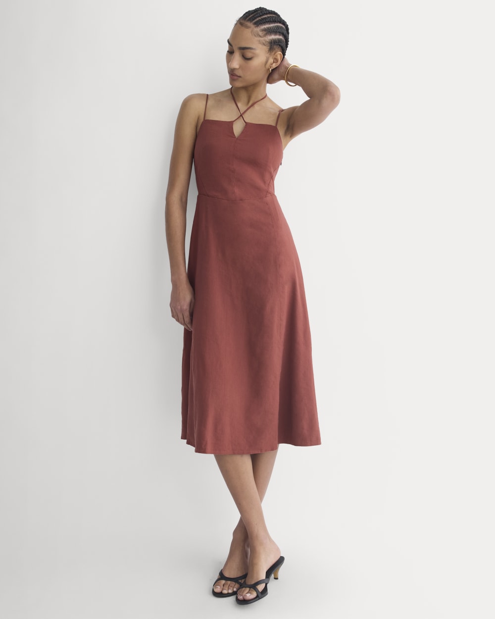 Tie-Neck Dress in Stretch Linen